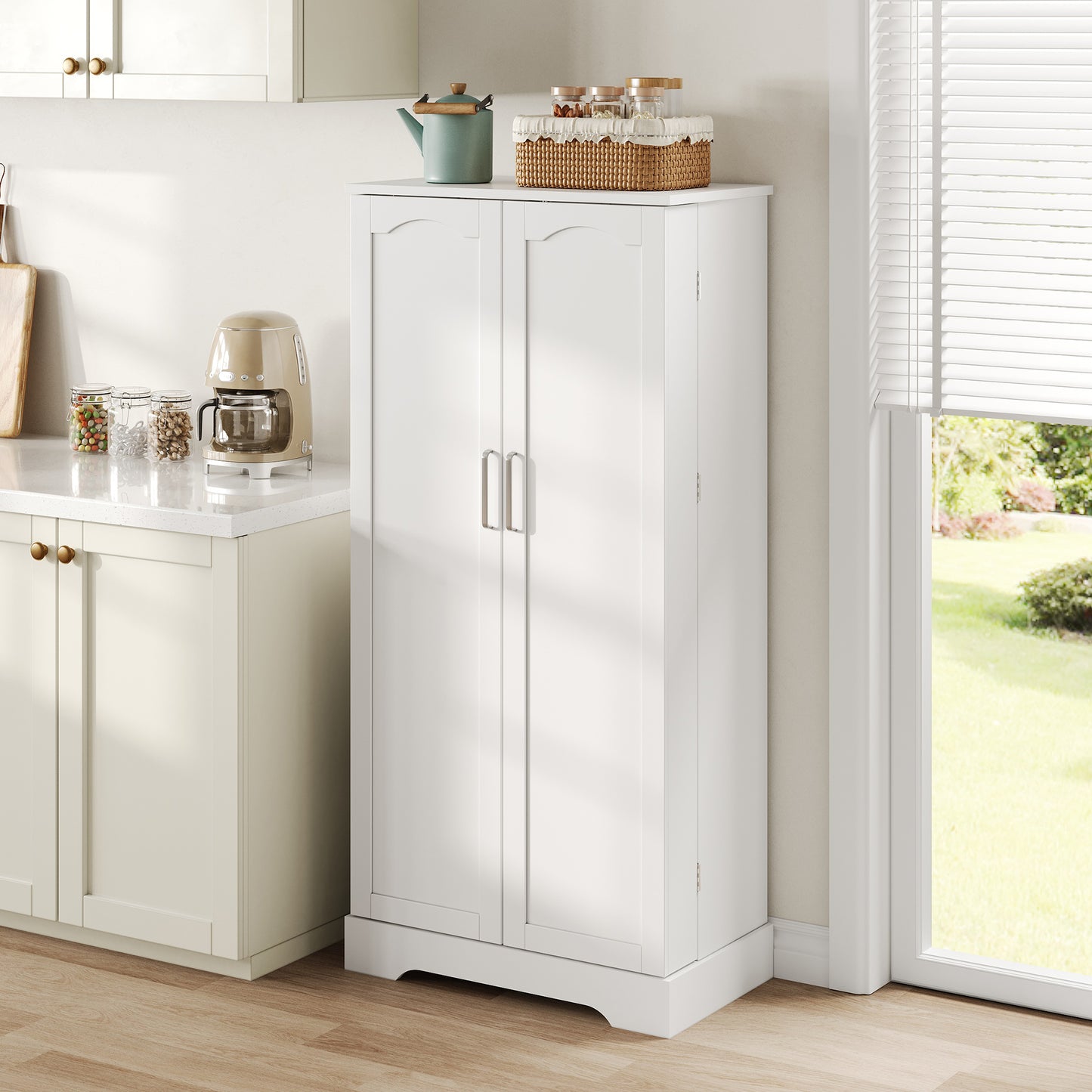 60x35x128cm, White, Multifunctional Kitchen Cabinet With LED Sensor Light, Height-adjustable Shelves, Double Door With Storage Compartment, Anti-tilt Device, Suitable For Kitchen, Living Room And Dini