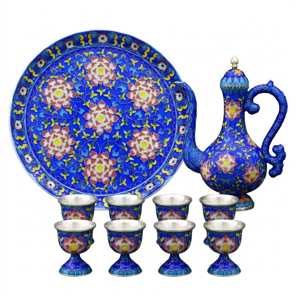 925 Sterling Silver Chinese Cloisonné Tea Set with Floral Motifs on Wooden Stands - Handicraft
