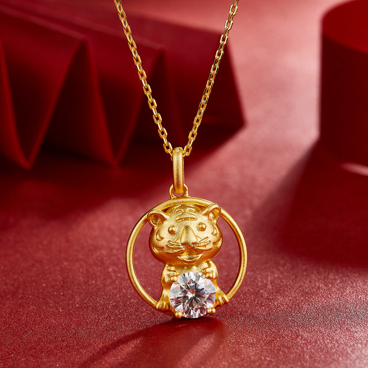 S925 Sterling Silver Gold Plated 1ct D Color VVS1 Moissanite Tiger Necklace 5g Chinese Zodiac Benmingnian Gift GRA Certified Gift Box