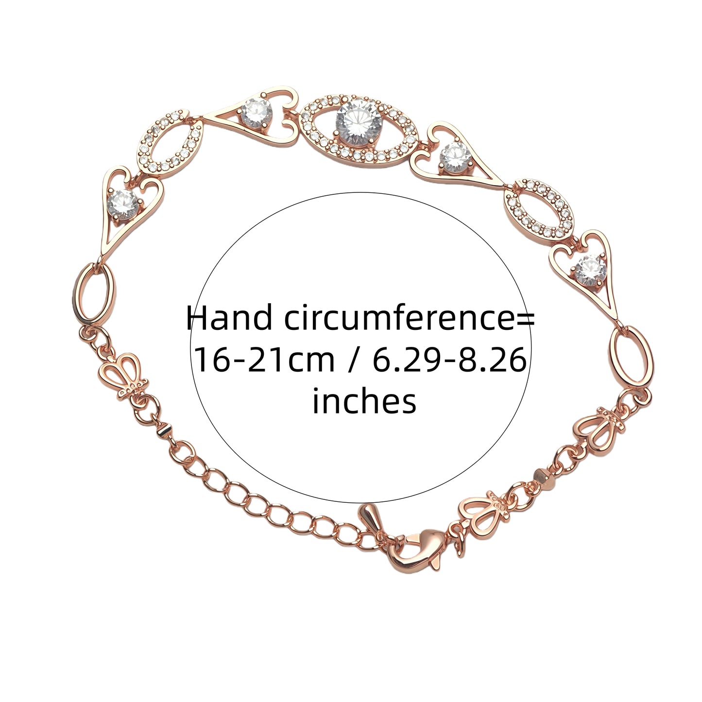 Rose Gold Heart & Oval Halo CZ Link Bracelet For Women, Copper Plated Silver Butterfly Decor Adjustable Extension Chain Dainty Wedding Party Crystal Jewelry Gift