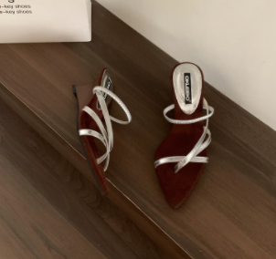 French Resort Roman Style Two-way Wear Sandals, Pointed Toe Golden Thin Strap Wedge Heel Women's Outdoor Summer Slides