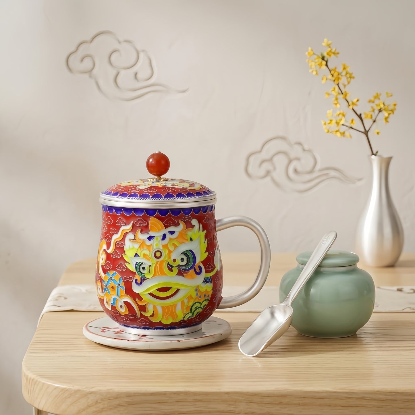 Pure 999 Fine Silver Exquisite Traditional Lion Dance Enamel Tea Mug with Lid and Silver Finish - Handicraft