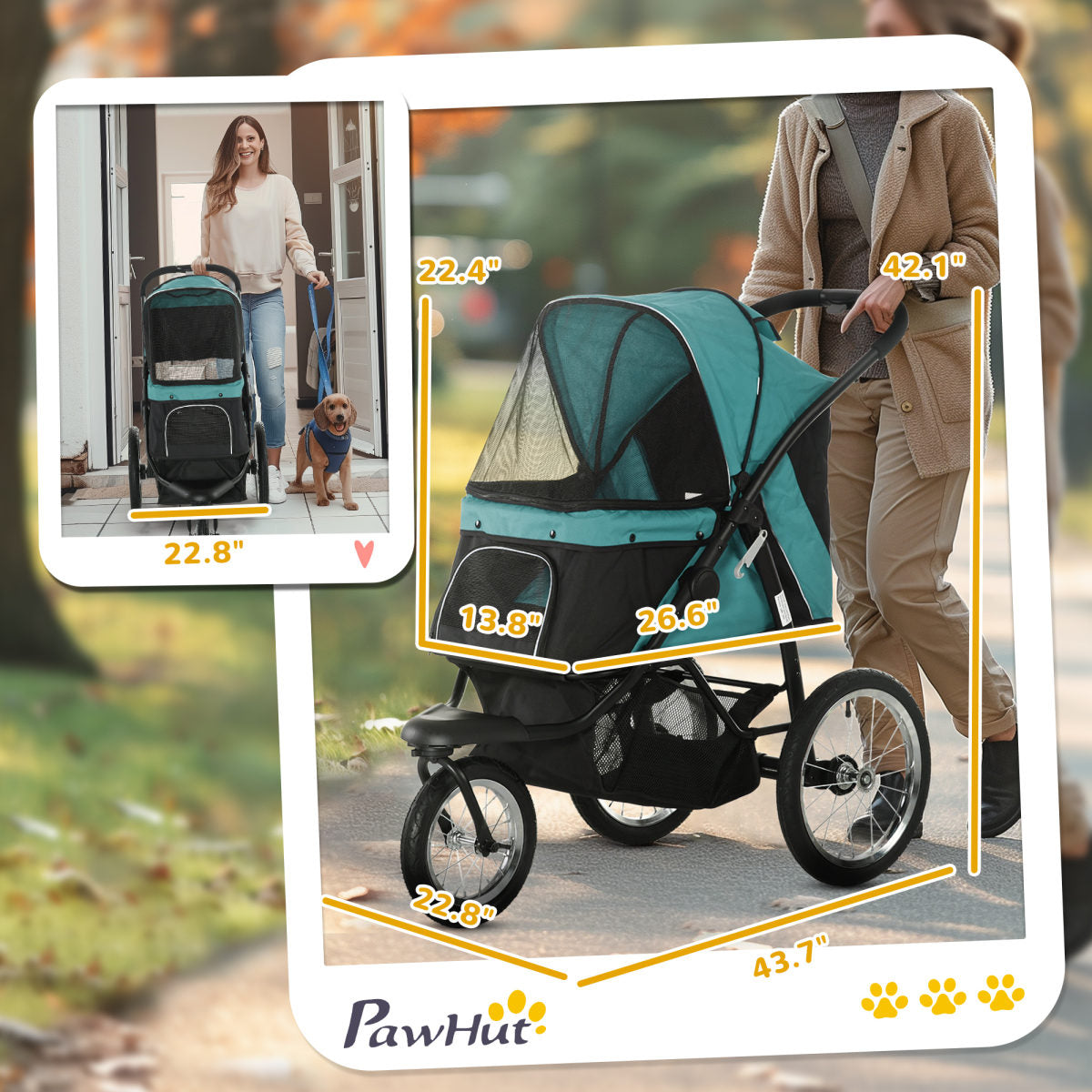 3 Wheels Pet Stroller for Small Dogs and Medium Dogs with Adjustable Canopy, Safety Tether, Storage Basket, Dark Green