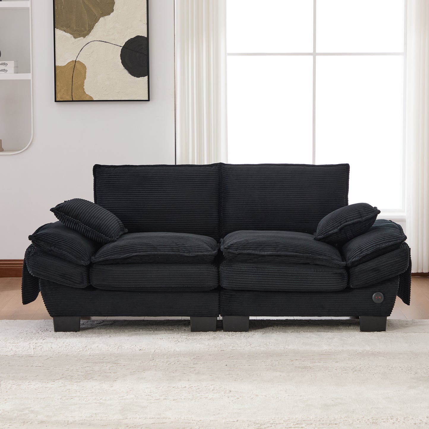 Modular Sofa For 2 People With Wide Seat Surface, Ergonomic Design, High-density Foam Cushioning, USB-C Port And Side Pockets. Ideal For Living Room, Office Or Lounge. Black