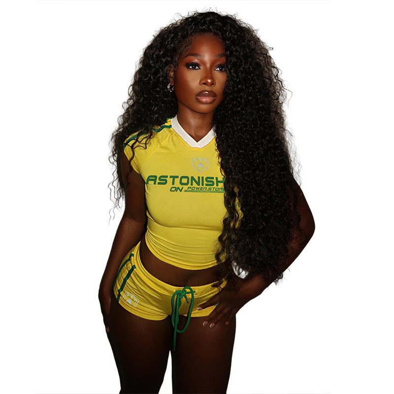 Womens Fashion Letter-Print Sleeveless T-Shirt And Sports Shorts Set