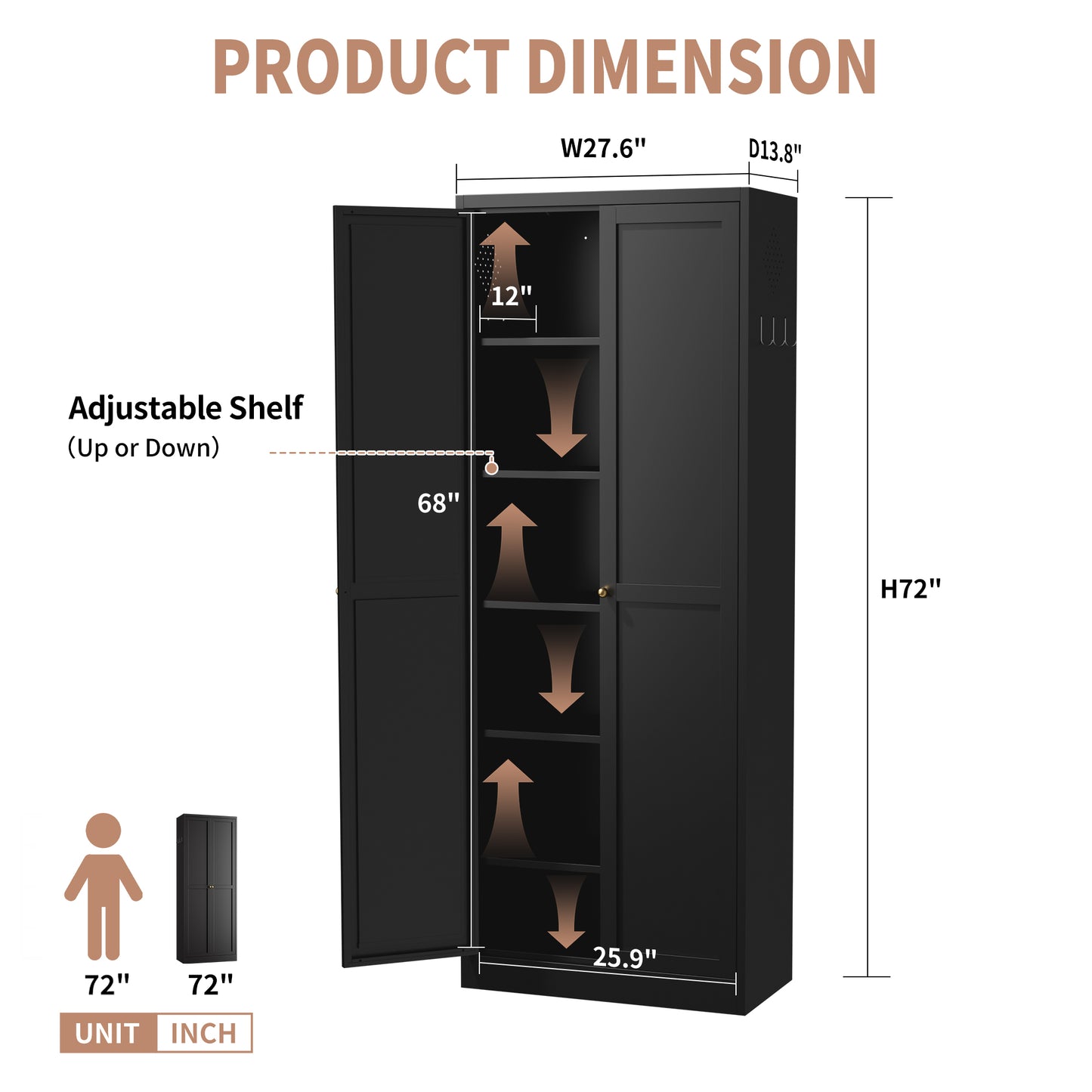 72  Black Metal Kitchen Pantry Cabinet With Doors, Heavy-Duty Freestanding Storage Organizer With 5 Adjustable Shelves, Tool-Free Assembly For Pantry, Kitchen, Bathroom
