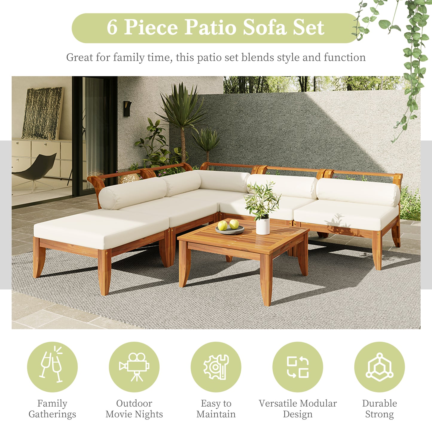 TOPMAX 6 Piece Patio Sofa Set, Acacia Wood Outdoor Modular Sectional Garden Furniture Set L-Shaped Conversation Set, Convertible Daybed With Tea Table, Ottoman, 5 Cushions And Pillows, Teak Beige