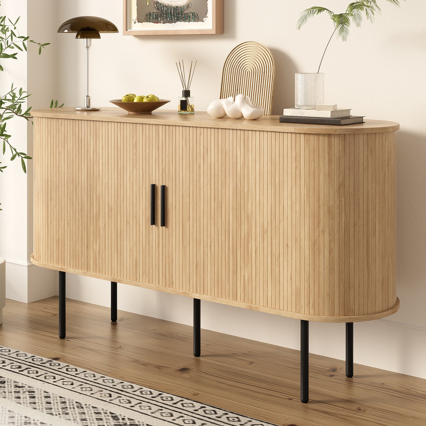 Modern MDF Sideboard With Roller Shutter Doors, Aluminum Handles & Iron Legs  Versatile Storage Cabinet For Living Room, Dining Room & Modern Decor