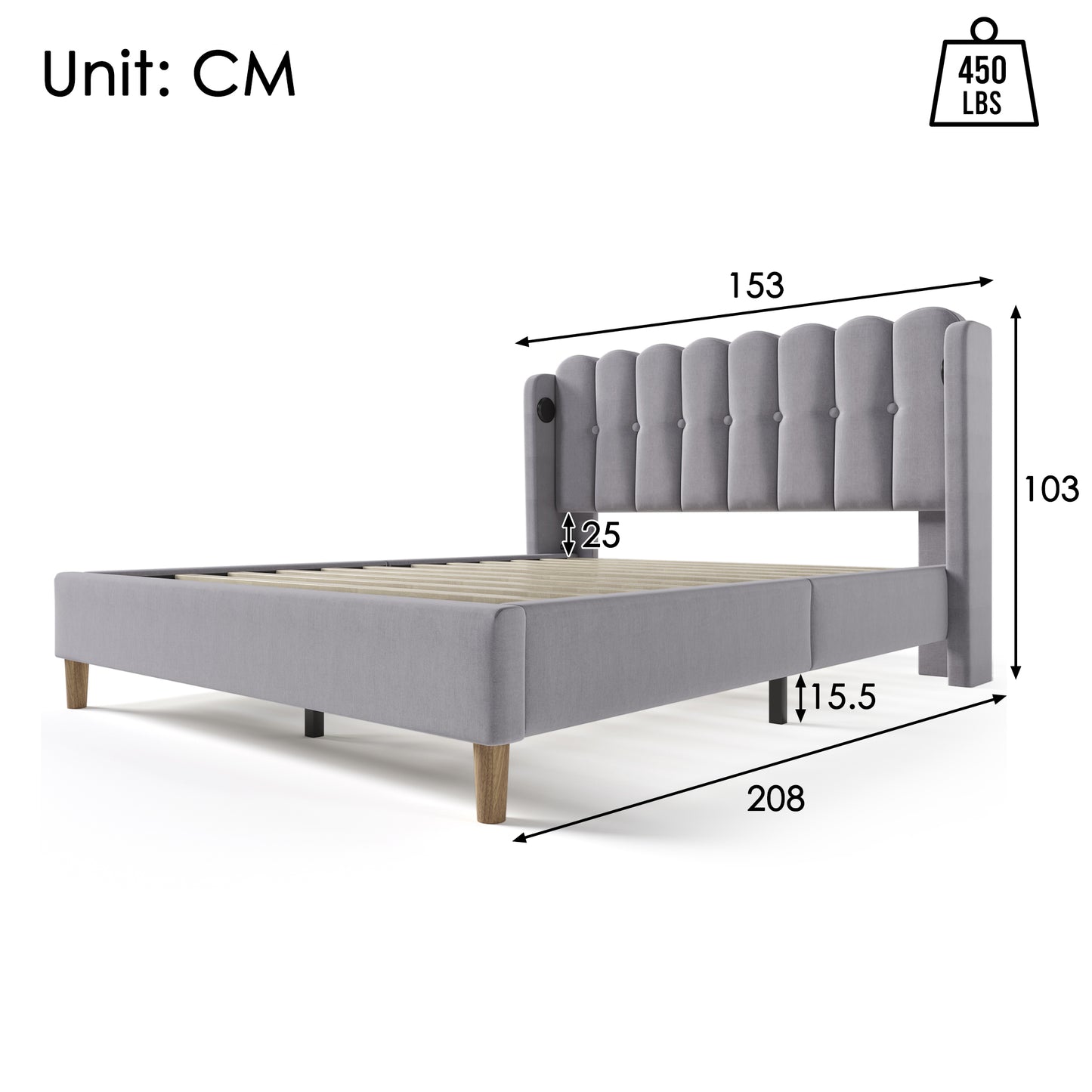 Upholstered Bed Double Bed With USB Type-C Charging Function, Bed Frame With Slatted Base, Upholstered Bed In Grey, 140 X 200 Cm Bed Frame Youth Bed For Bedroom Guest Room Linen Material