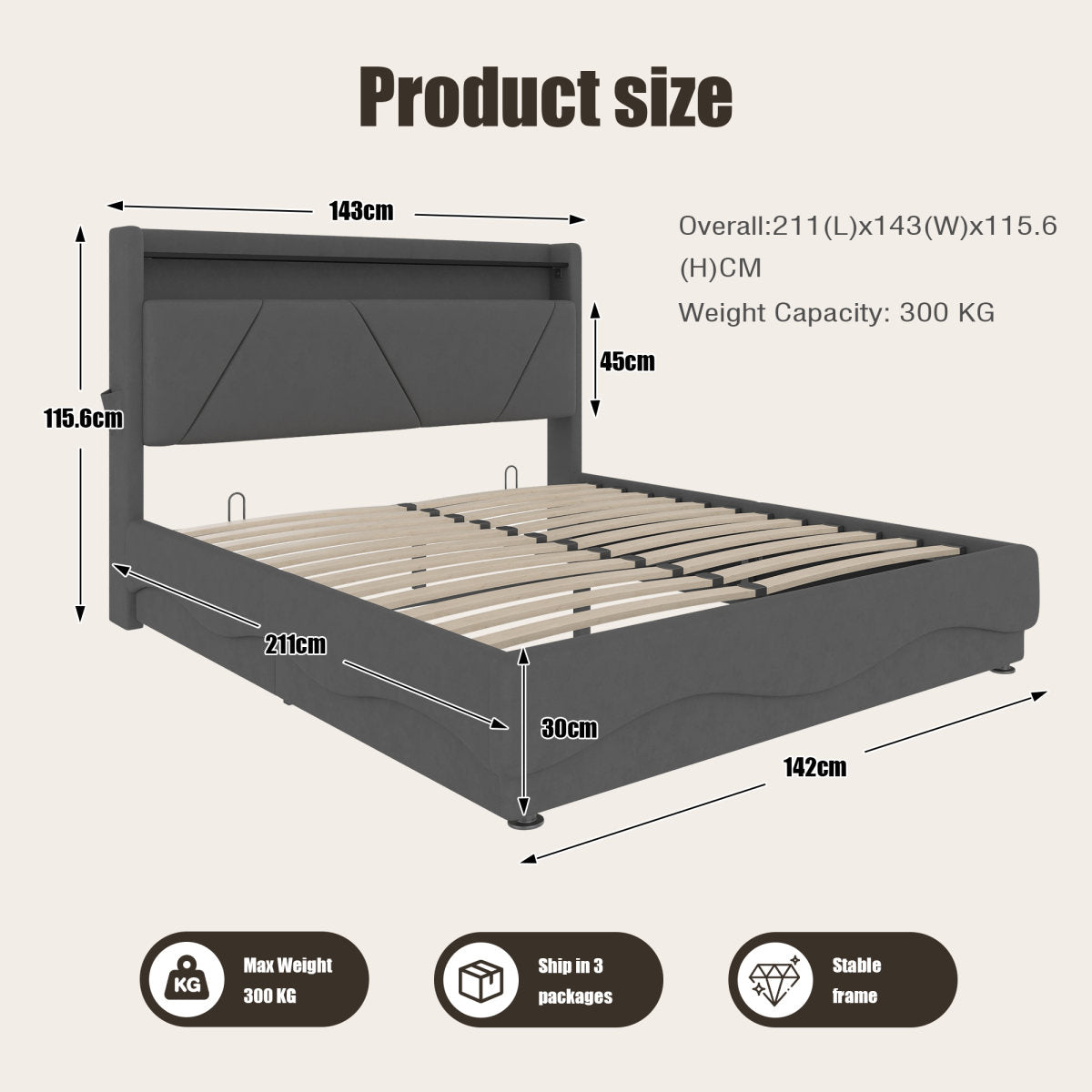 Modern Upholstered Bed  Headboard With LED Lighting And Shelving Surfaces, Additional Under-bed Storage, Quiet Gas-pressure Slatted Base, Certified USB Ports, Practical Side Pockets.135x190cm Gray