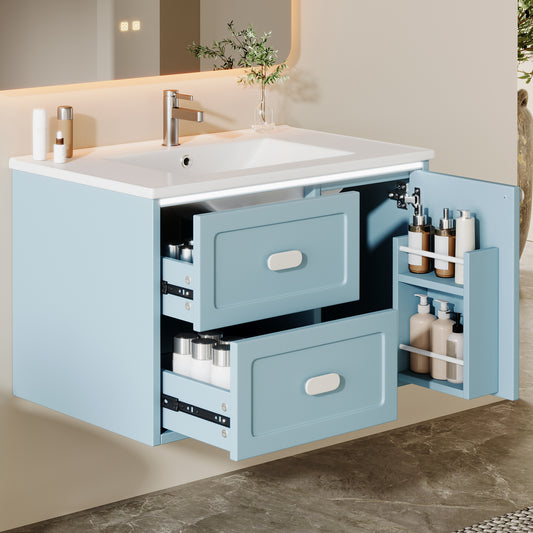 76x46x51cm Bathroom Wall Cabinet, Fully Lacquered, LED  Sensor Lighting, Two Drawers, Silent Slide Rails, Integrated Sink, Blue