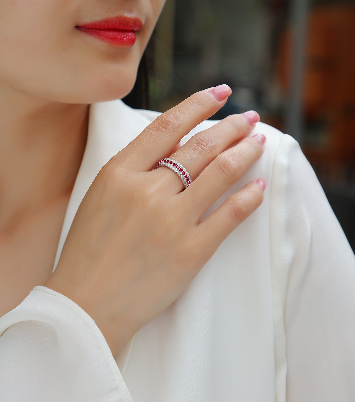 3.6g S925 Sterling Silver 3 Row Pave Ring  Synthetic Ruby Eternity Band, Platinum Plated Promise Ring For Women, Jewelry Gift Box Set