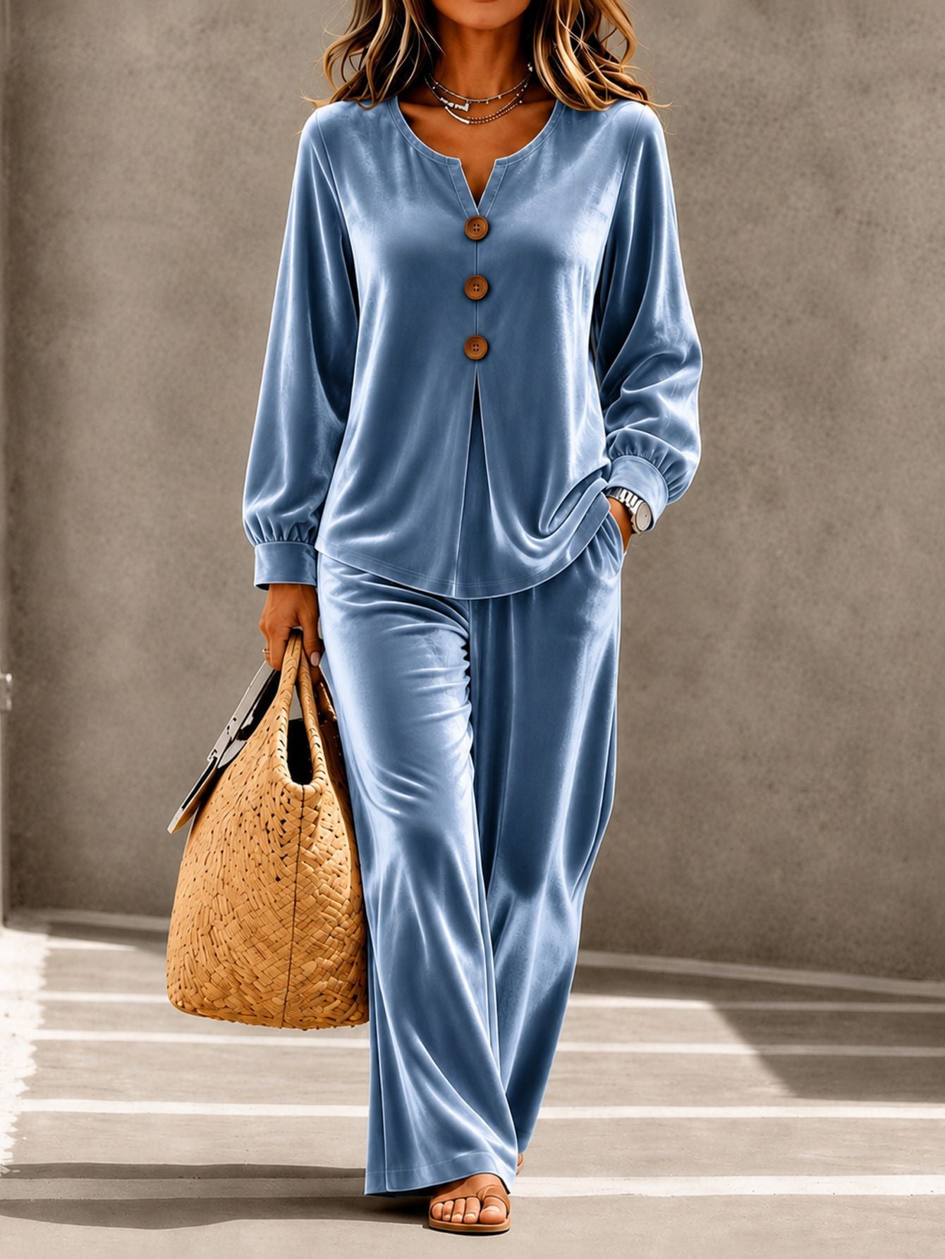 Womens New Velvet Casual Two-piece Set Featuring A V-neck Long-sleeve Top With Buttons And Matching Trousers