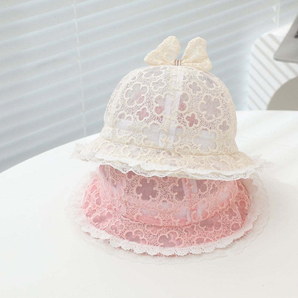 Children's All-net Lace-edged Full-printed Flower And Bow Decoration Lightweight Cool And Sweet Fisherman Hat For Outdoor Travel