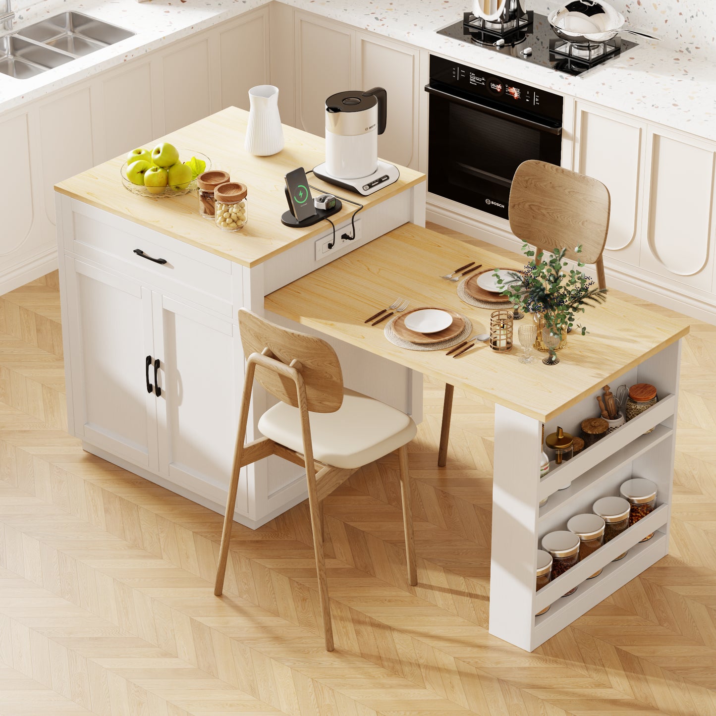 K&K 82.7 Inch Kitchen Island With Extendable Dining Table For 4 6 Person,Two Tone Kitchen Table With Double Sized Storage, Power Outlet, Kitchen Island With Storage 2 Drawers 2 Side Open Shelves,White