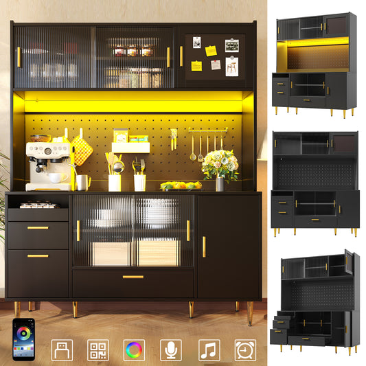 Tall Cabinets For The Living Room  140x40x180cm , Kitchen Cabinet, Dining Room Cabinet, Cabinets With LED Lighting, Magnetic Door Panels, Tall Cabinet With Pegboard Shelves, Black
