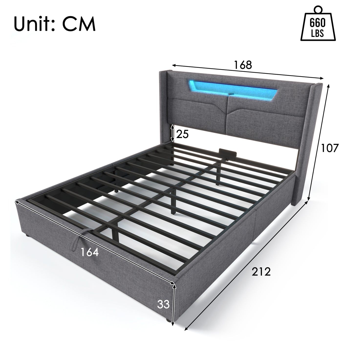 Upholstered Bed LED Double Bed With USB Type C Charging Function And LED Lighting,Storage Beds Bed Frame Made Of Linen Material Youth Bed 160x200 With Slatted Base  Without Mattress