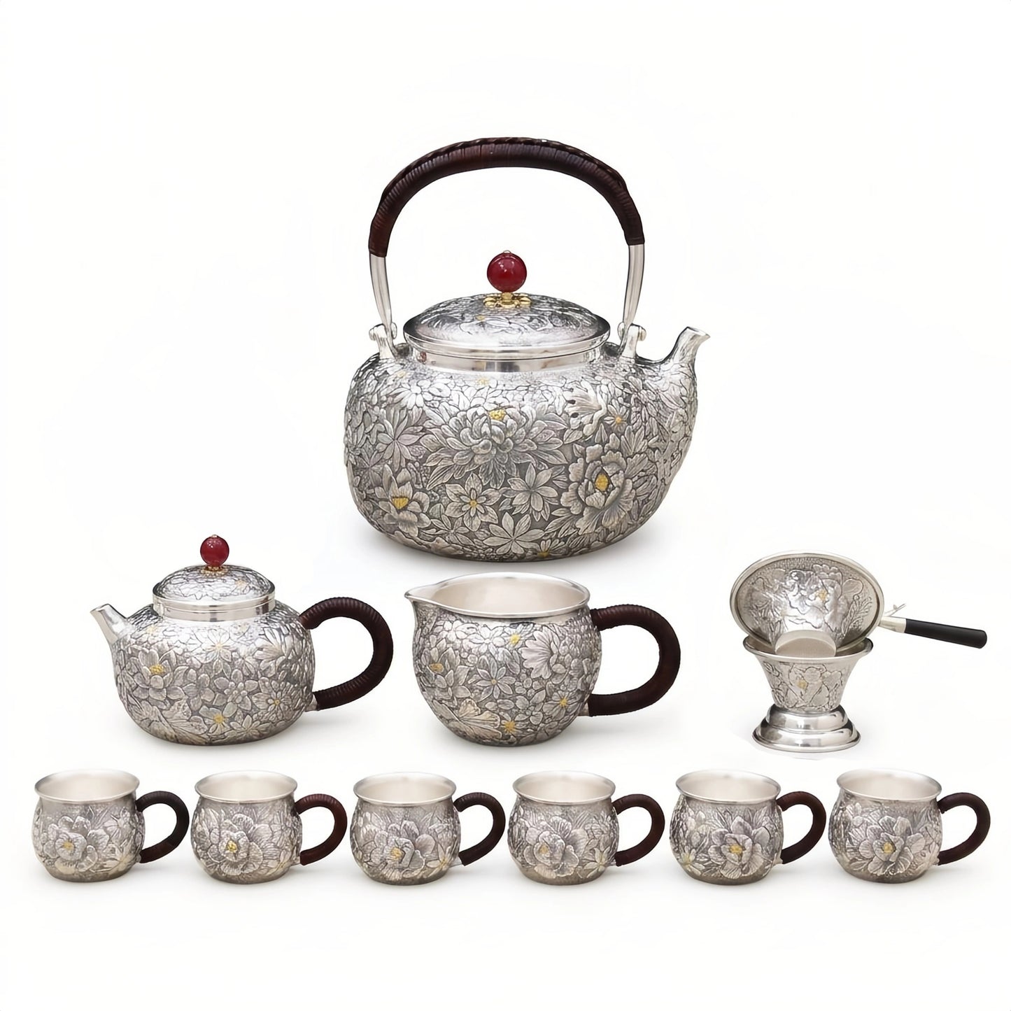 925 Sterling Silver Antique Japanese  Floral Tea Set with Complete Ensemble - Handicraft