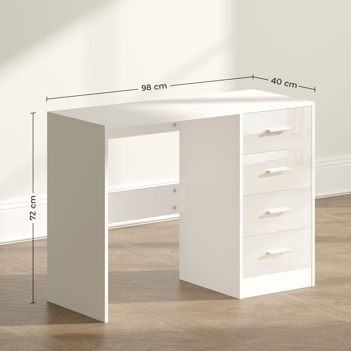Computer Desk With Drawers, Dressing Table, High Gloss Home Office Writing Workstation, White