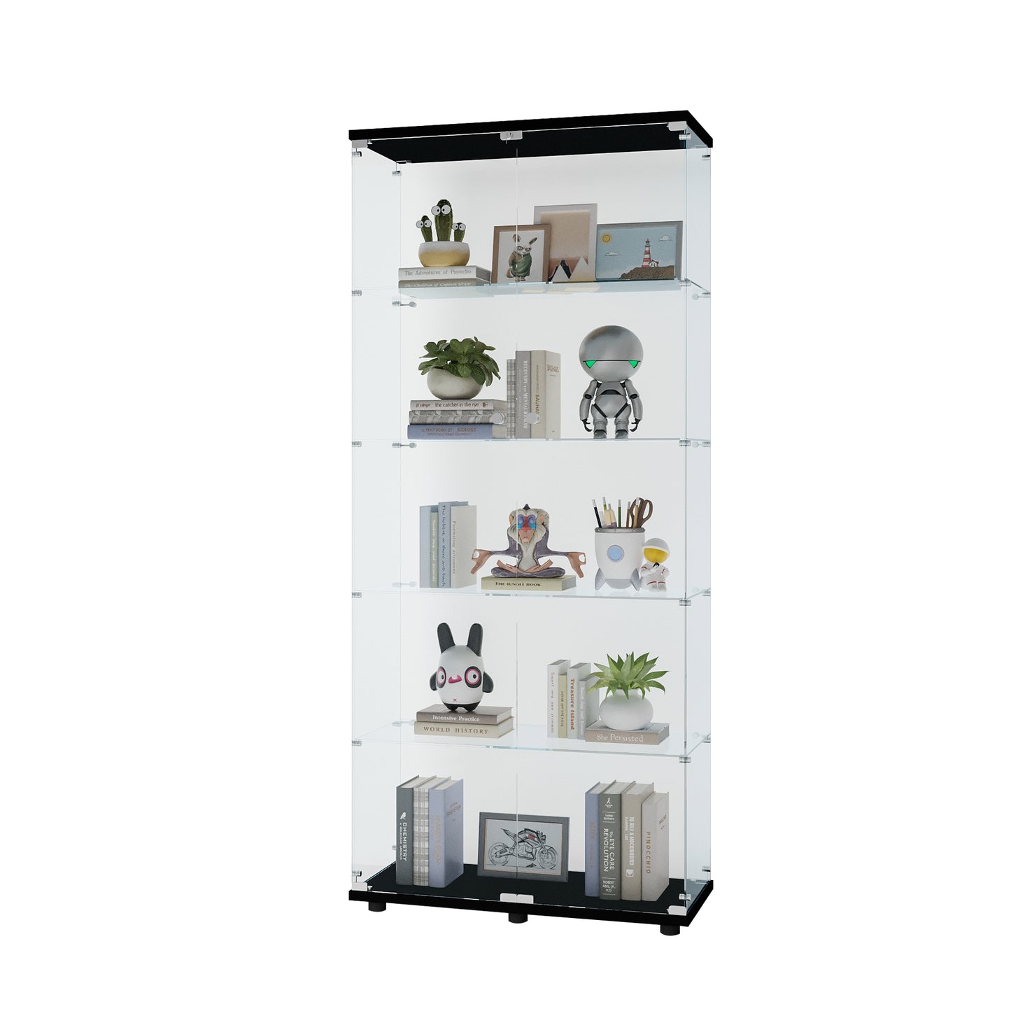 Glass Display Cabinet With 5 Shelves Double Door, Curio Cabinets For Living Room, Bedroom, Office, Black Floor Standing Glass Bookshelf, Quick Installation
