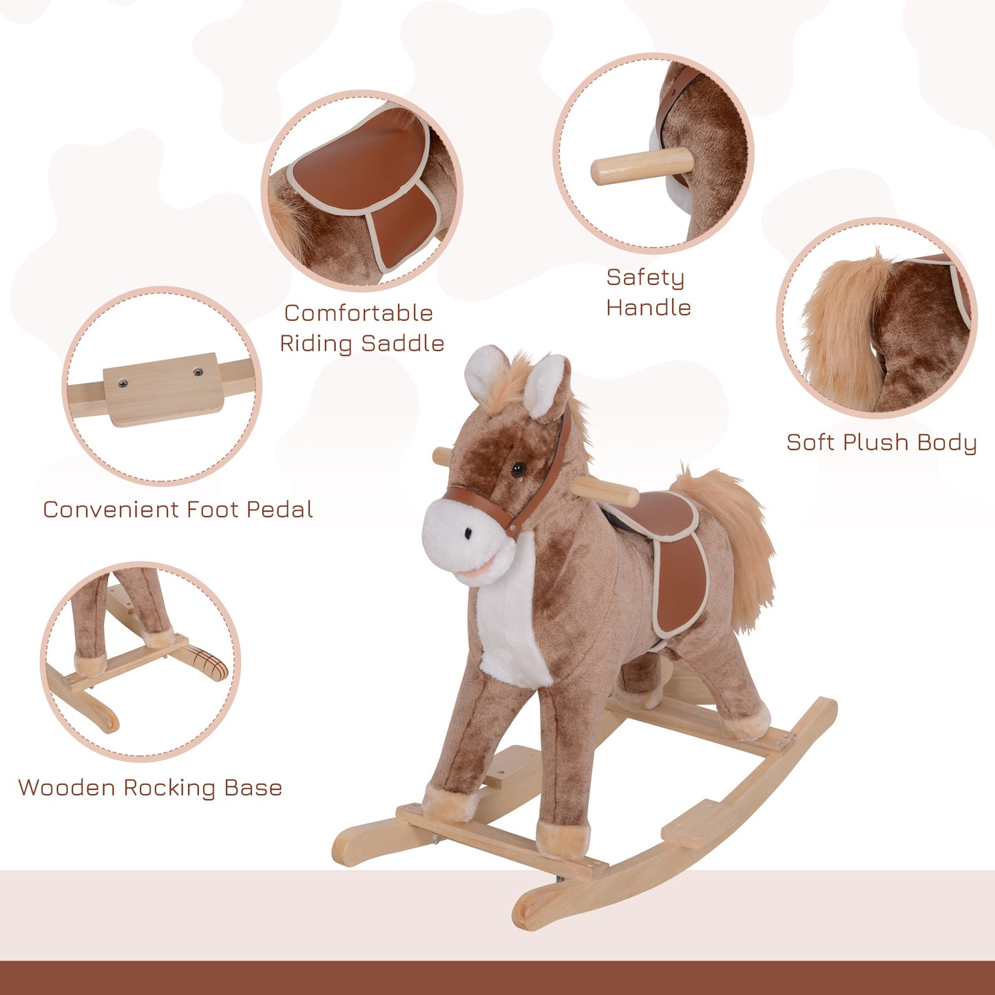 Kids Rocking Horse with Soft Plush Body, Wooden Base & Handle Grip for Years 3+