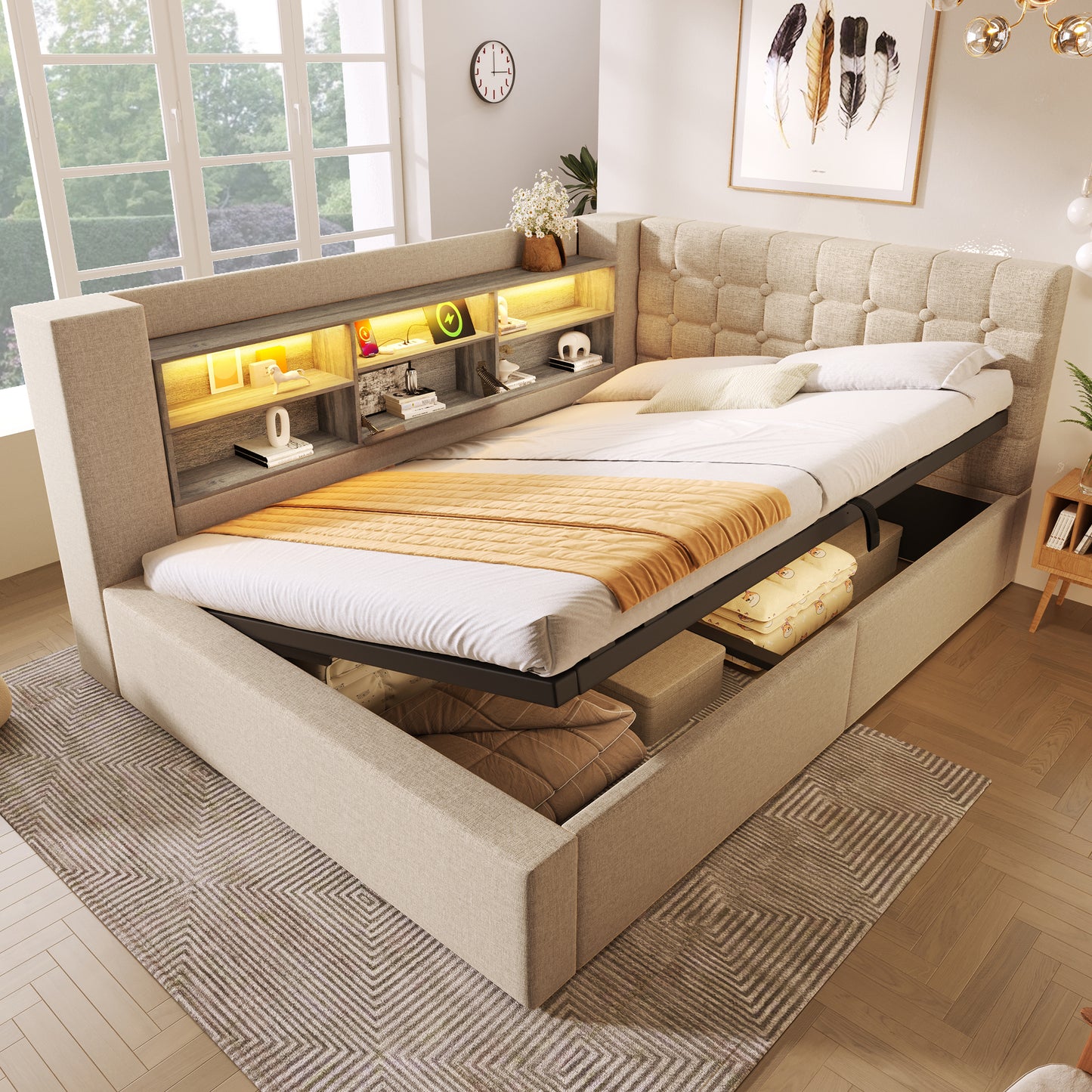 Upholstered Bed 140x200 Cm Double Bed With LED Lighting, Hydraulic Storage Space, L-shaped Headboard With Storage Space, Can Be Mounted On Both Sides, Slatted Base, Linen Fabric, Beige  Without Mattre