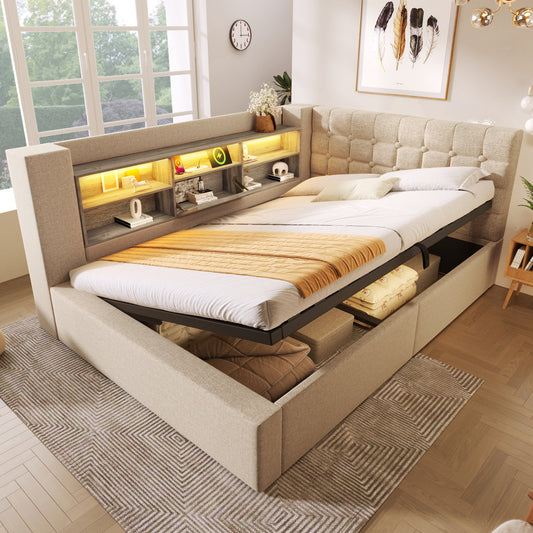 Upholstered Bed 140x200 Cm Double Bed With LED Lighting, Hydraulic Storage Space, L-shaped Headboard With Storage Space, Can Be Mounted On Both Sides, Slatted Base, Linen Fabric, Beige  Without Mattre