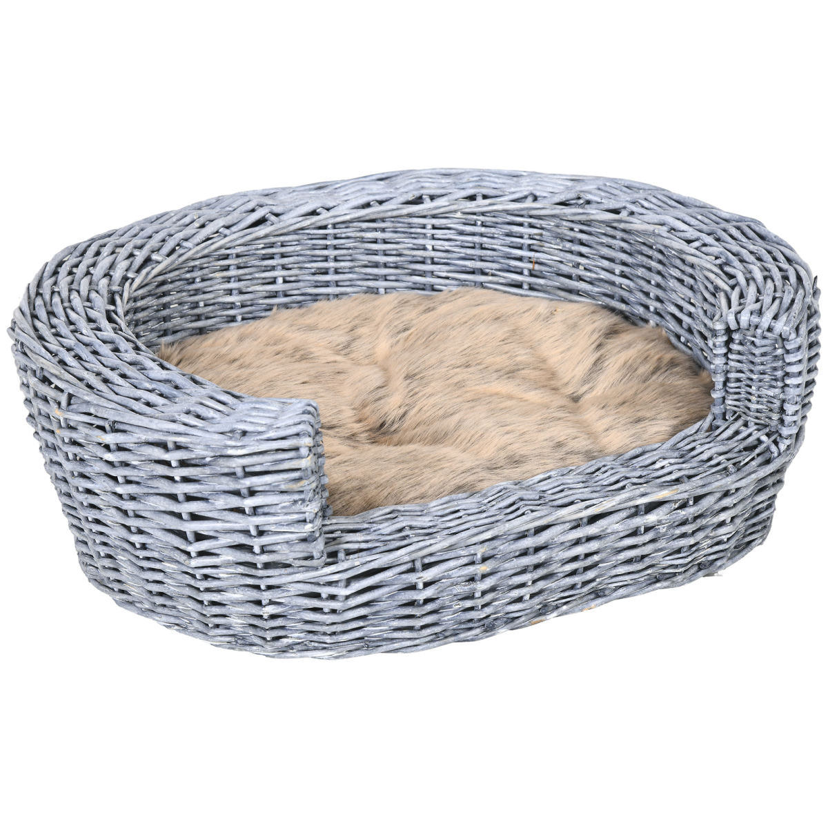 PawHut Wicker Pet Bed Willow Dog Cat Sofa Couch Puppy Basket With Cushion Grey 57L X 46W X 17.5H Cm
