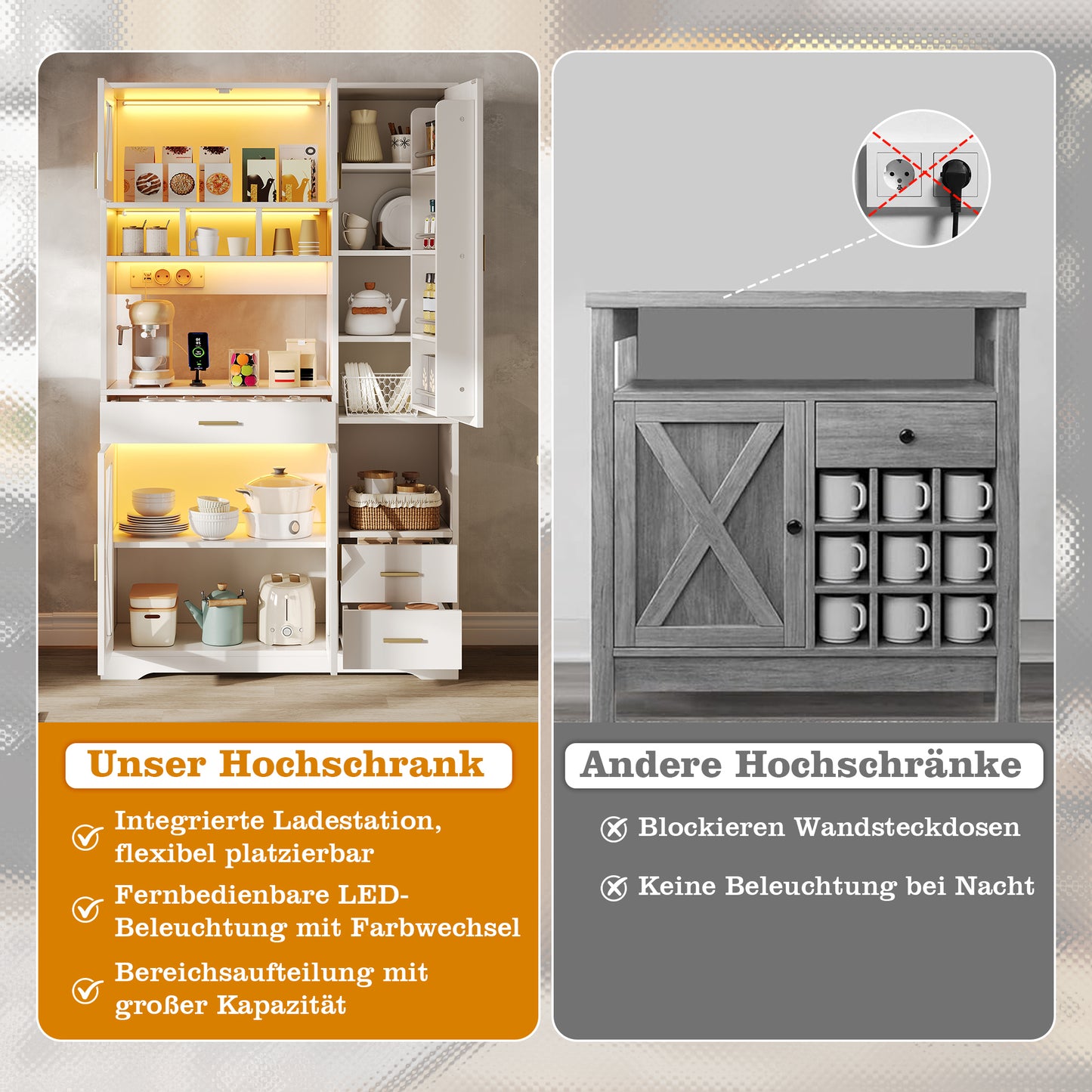 Barn-style Kitchen Cabinet, High Storage And Display Cabinet With Adjustable Shelves, Drawer, Color-changing LED Lighting And Sockets, 185 X105 X40 Cm.