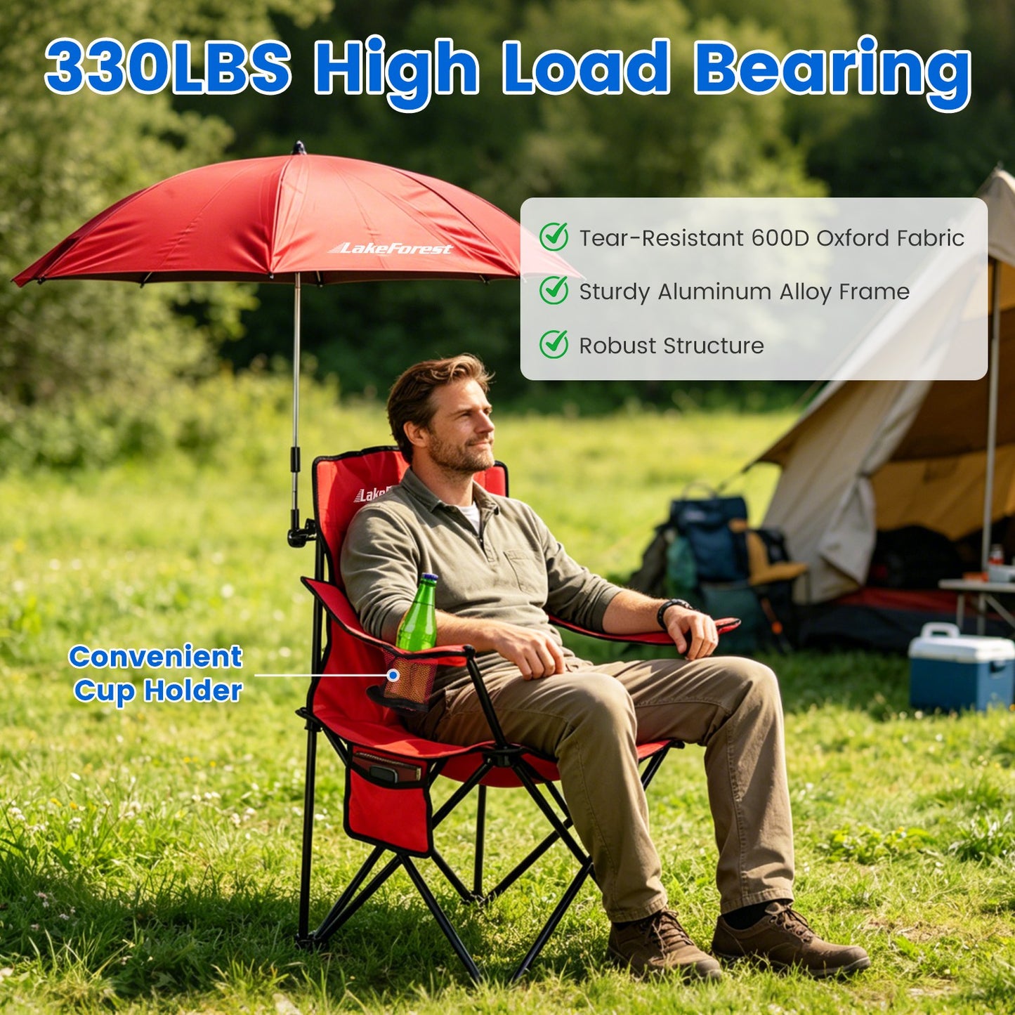 1Pc Camping Chair With Umbrella Lightweight Foldable Outdoor Chair With Cup Holder Detachable Sun Canopy Carrying Bag 330LBS Max Load For Beach Picnic Travel Concert Outdoor Activities