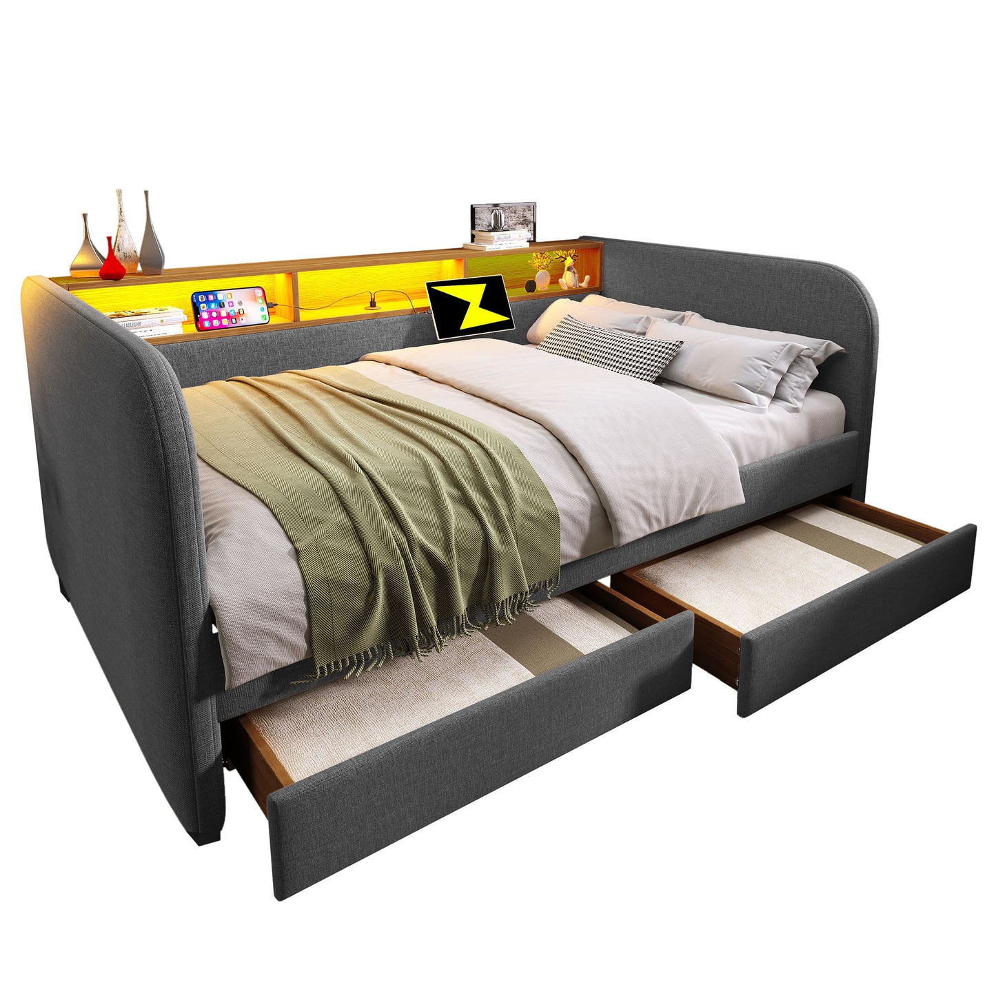 AB20754142G Upholstered Bed Daybed 140x190 Cm, Sofa Bed With LED And USB-C Charging, Daybed With 2 Drawers And Storage Headboard, Linen, Grey  Without Mattress