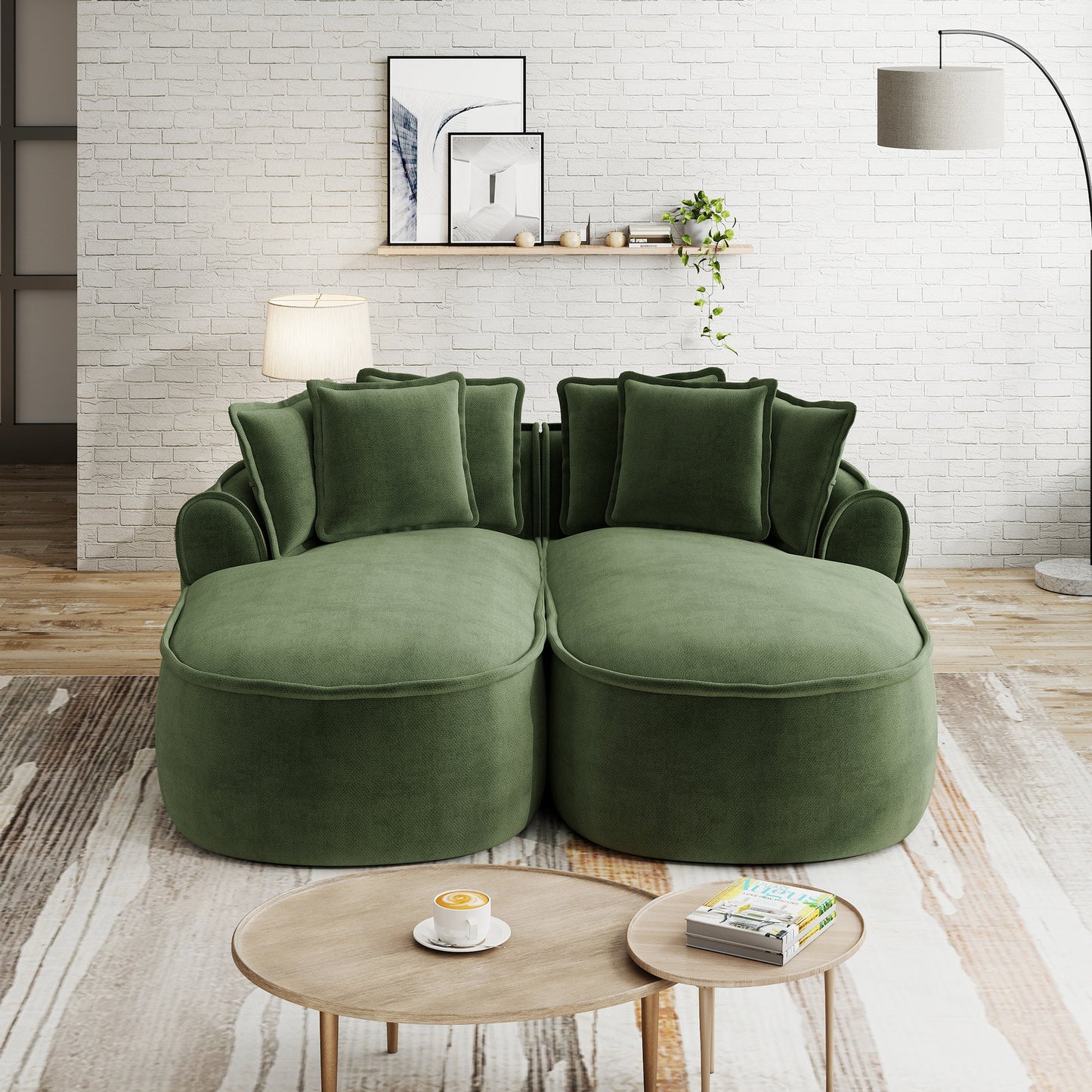 Comfortable Chenille Cloud Double Sofa, Frameless Design, Extra Large Double Chaise Longue, Including Cushions, No Setup Required, For Living Room,Green