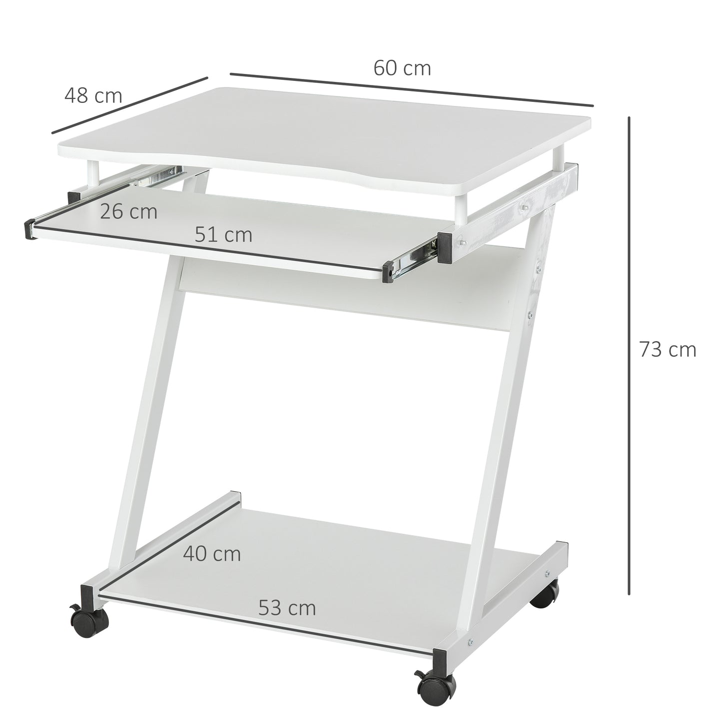 Movable Computer Desk With 4 Moving Wheels Sliding Keyboard Tray Home Office Workstation White