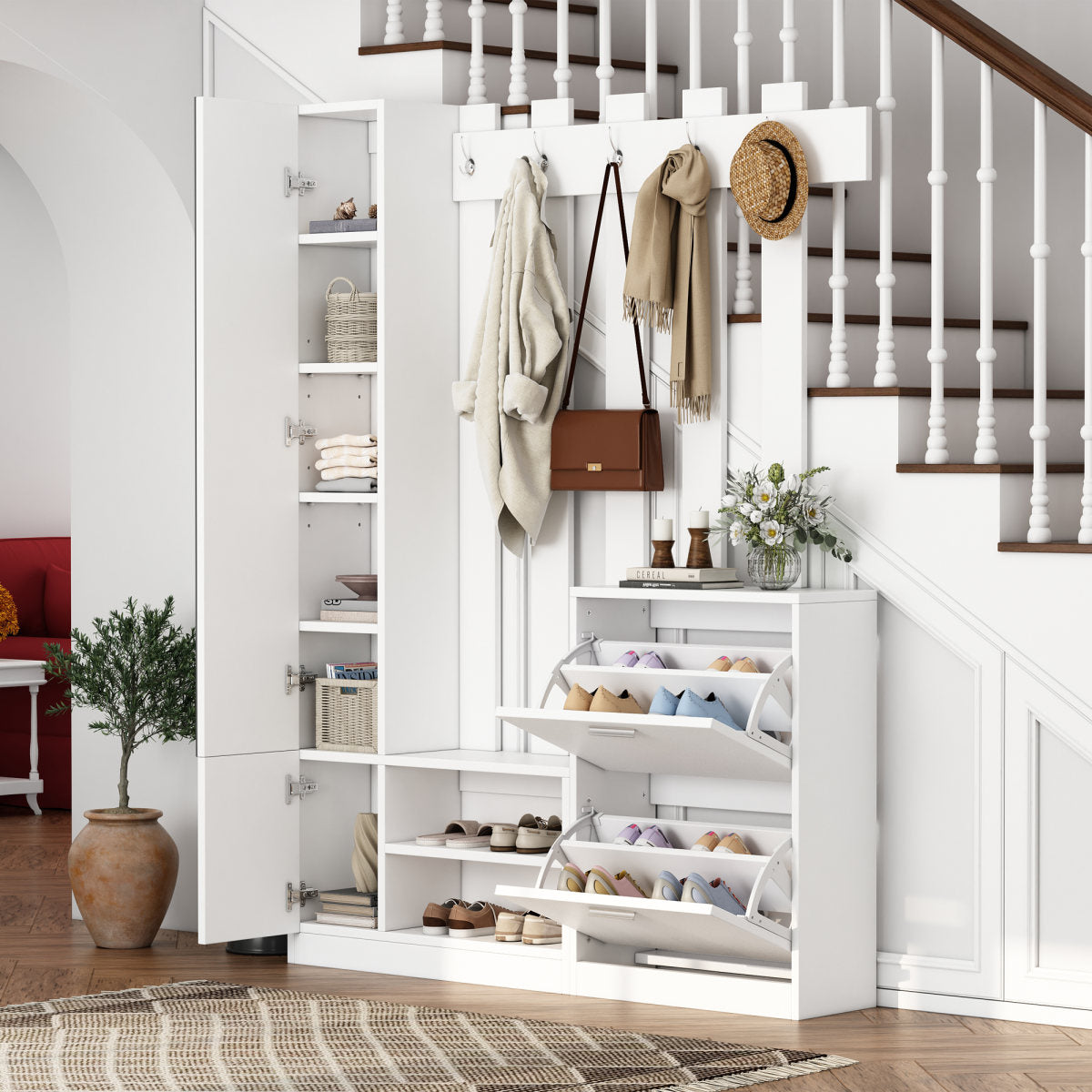 Cm Coat Rack Set With Mirror, Hallway Cabinet, Wall-Mounted Shelving Unit, Compact Coat Rack, Includes 2 Shoe Cabinets With Lower Hinged Doors  2 Storage Cabinets,