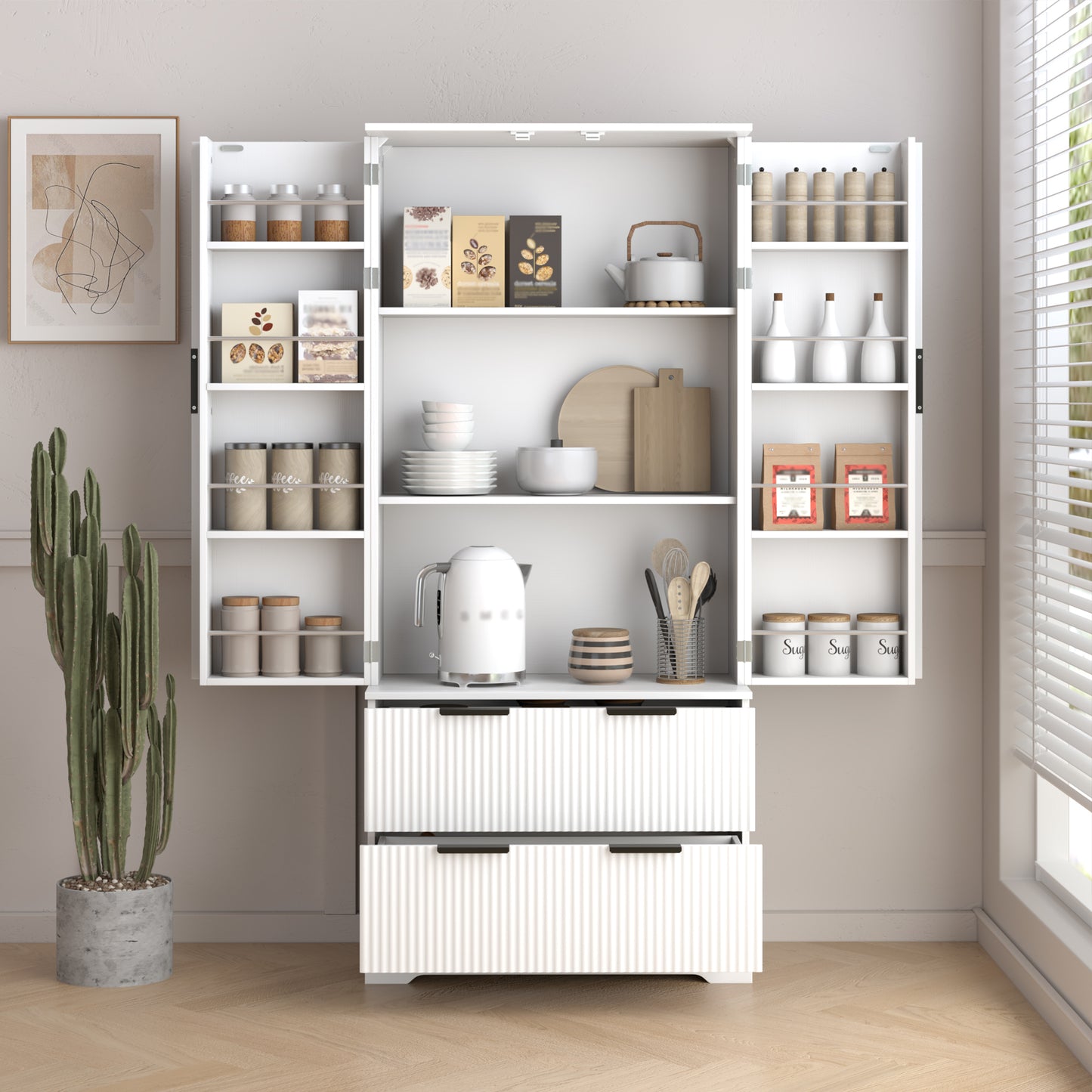 72  Modern Fluted Kitchen Pantry Cabinet With 2 Large Drawers & 8-Door Spice Rack, Freestanding Storage Organizer For Bathroom, Dining Room, Office, Entryway, White