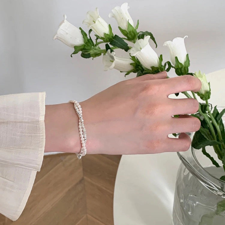 1pc 999 Sterling Silver Pearl & Crushed Silver Double-Layer Bracelet, Delicate Style, Perfect For Daily Wear And Valentine's Gift