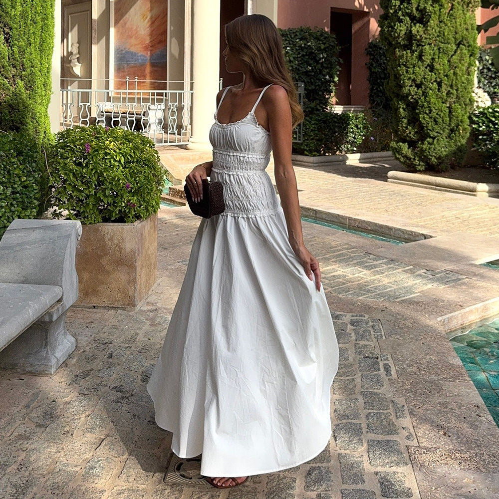 New Seasonal Pleated Long White Slip Dress