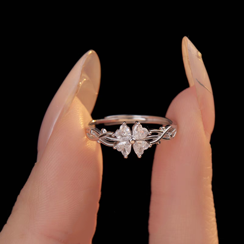 1 Piece 999 Sterling Silver Four-Leaf Clover CZ Ring, Delicate Vine Band Style, For Daily Wear & Valentine's Gifts