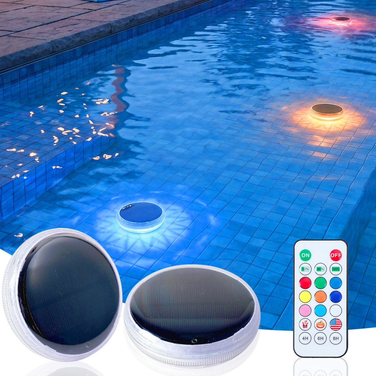 Solar Rechargeable Floating Pool Lights-2 Pack, Pool Lights That Float With Remote Control, 9 Lighting, Timing Mode, IPX7 Waterproof For Inground Pool, Bathroom, Bathtub, Pool Party