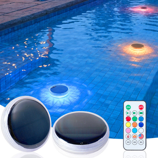 Solar Rechargeable Floating Pool Lights-2 Pack, Pool Lights That Float With Remote Control, 9 Lighting, Timing Mode, IPX7 Waterproof For Inground Pool, Bathroom, Bathtub, Pool Party