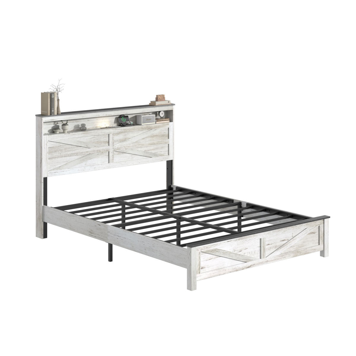 Full Floating Bed Frame With LED, Charger & Hidden Storage, White & Gray