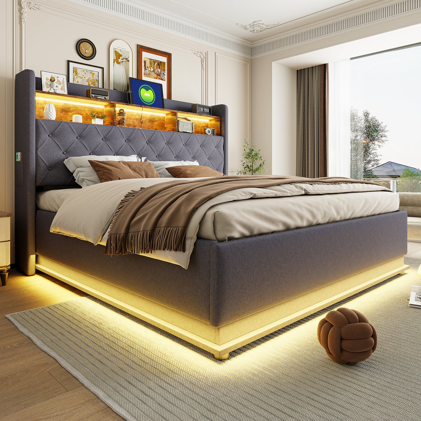 LED Upholstered Bed 180 X 200 Cm, Upholstered Storage Bed With USB Charging Port And Hydraulic Storage Space, Skin-friendly Linen Fabric, Grey