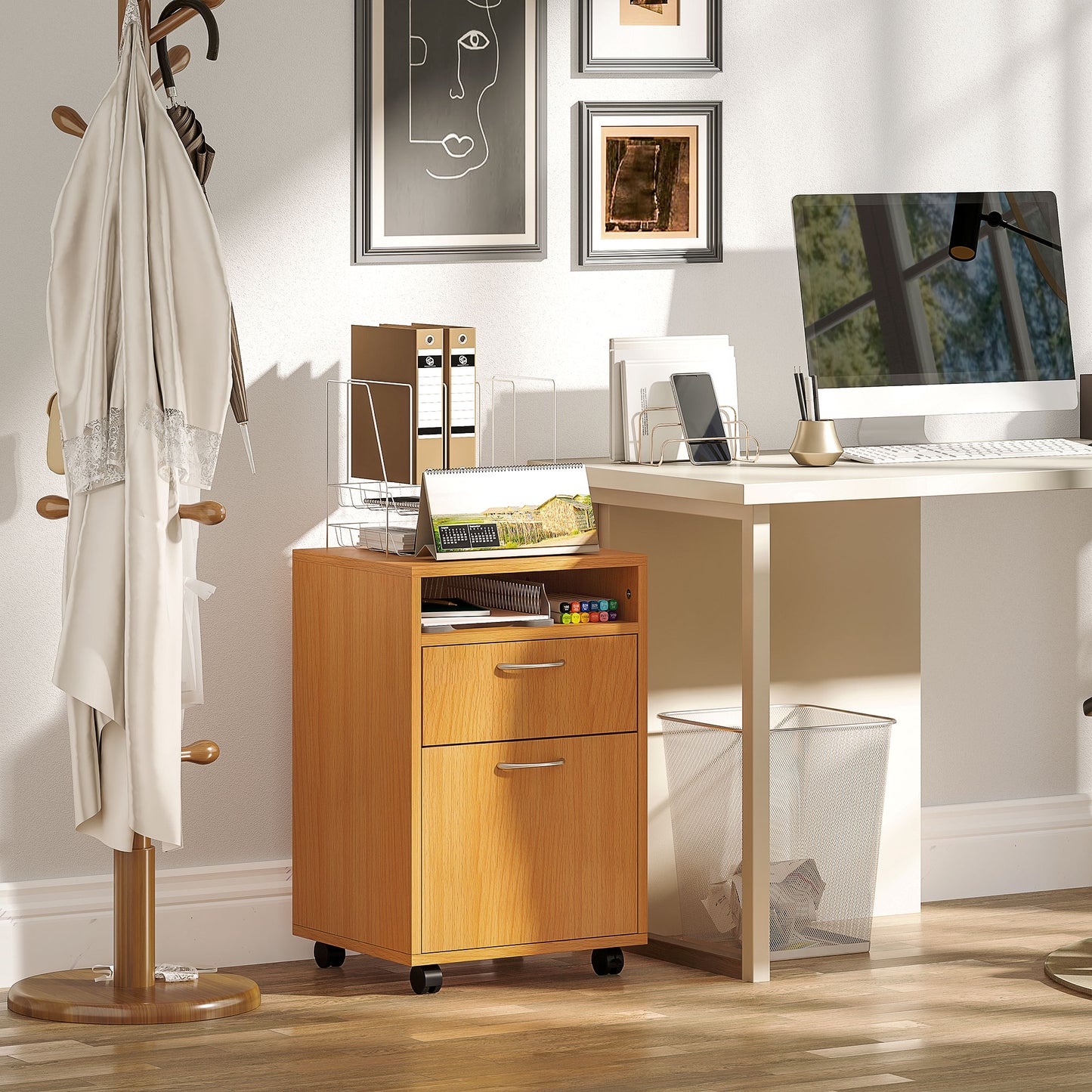 60cm Filing Cabinet With Drawer, Open Shelf, Metal Handles And 4 Wheels, Office Home Organiser Mobile Printer, Natural Wood Finish