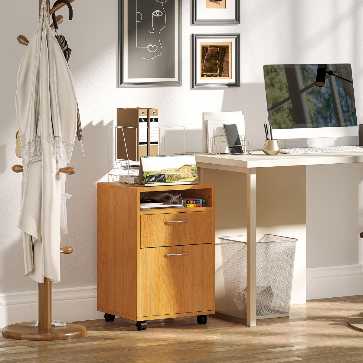 60cm Filing Cabinet With Drawer, Open Shelf, Metal Handles And 4 Wheels, Office Home Organiser Mobile Printer, Natural Wood Finish