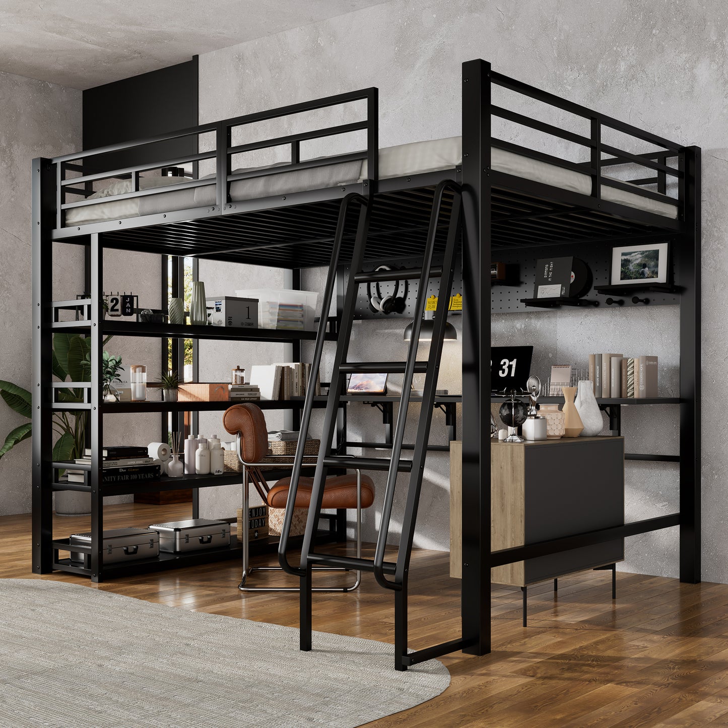 Iron Bed, Loft Bed, With Shelves And Plenty Of Storage Space, Equipped With Charging Port, Four-step Inclined Ladder, Can Hang Objects, Iron  Chipboard, Black, 140x200cm