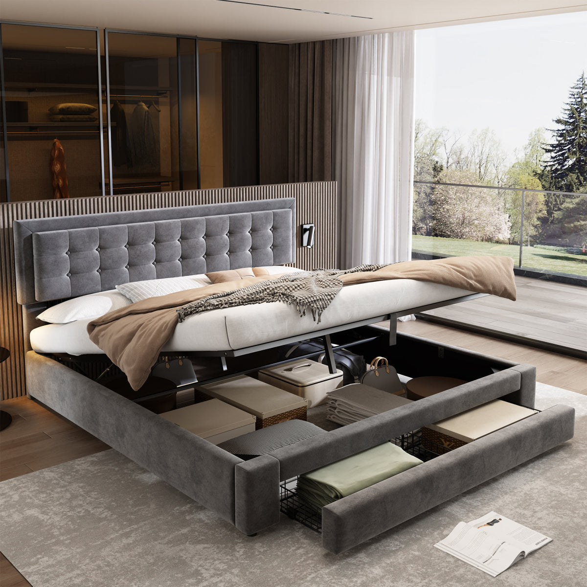 Bed With Box And Drawers, Velvet Fabric, Upholstered Bed, Slatted Base, Double Bed, Large Storage Space, 180 X 200, Grey