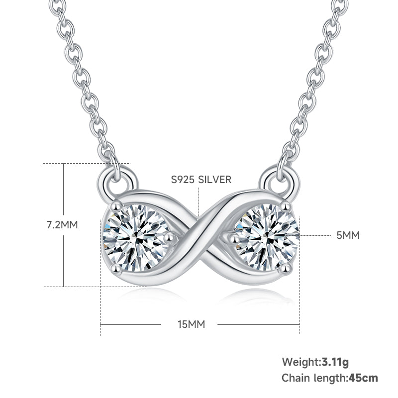 3.1g S925 Sterling Silver 1CT Moissanite Infinity Necklace 45cm  2 Stone Pendant With GRA, Platinum Plated Romantic Jewelry Gift Box Set For Women