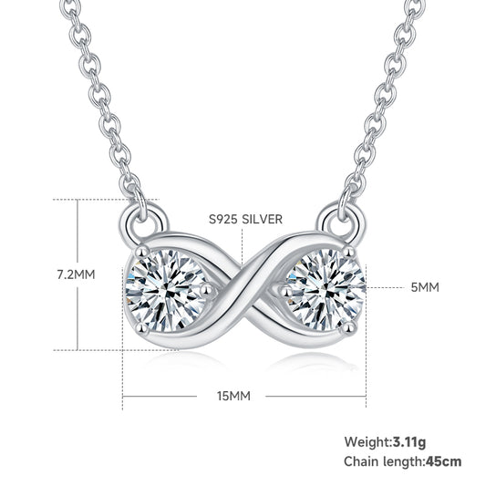 3.1g S925 Sterling Silver 1CT Moissanite Infinity Necklace 45cm  2 Stone Pendant With GRA, Platinum Plated Romantic Jewelry Gift Box Set For Women