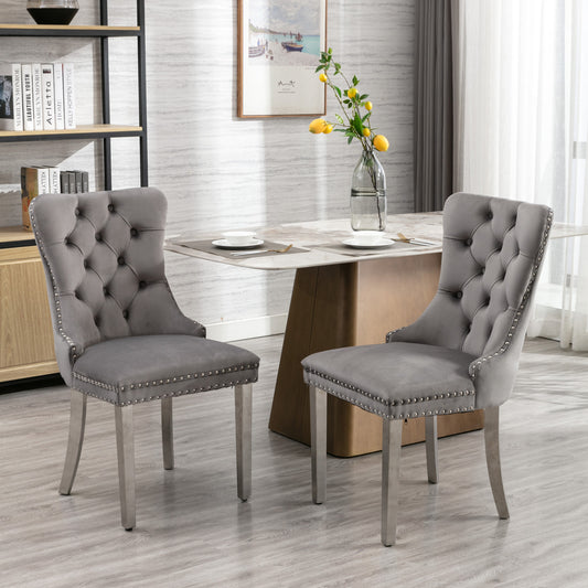 A&A Furniture,Nikki Collection Modern, High-end Tufted Solid Wood Contemporary Velvet Upholstered Dining Chair With Chrome Stainless Steel Plating Legs,Nailhead Trim,Set Of 2,Gray And Chrome,DE1701GY