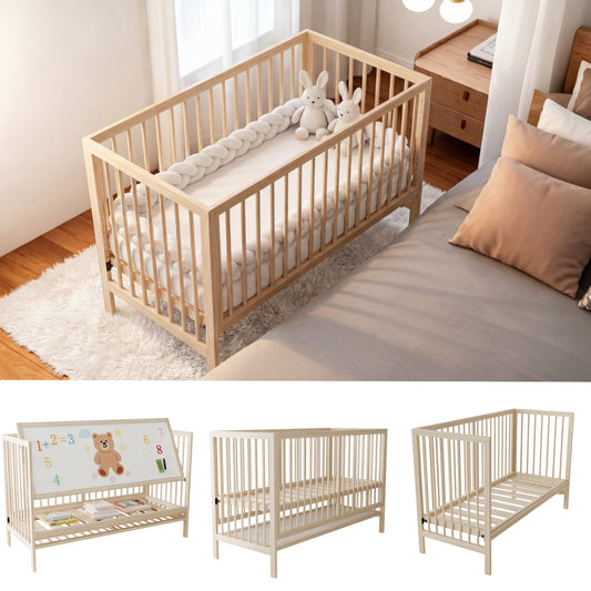 Wooden Baby Bed, Multifunctional Baby Bed, Convertible Into Co-sleeper, Easel & Desk, Multi-level Height Adjustable, Made Of Pine Wood, Natural Wood Colour, Without Mattress, 120x60x90 Cm